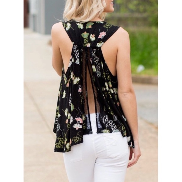 Free People Tops - Free People Black Floral Split Back Tank Womens XS
